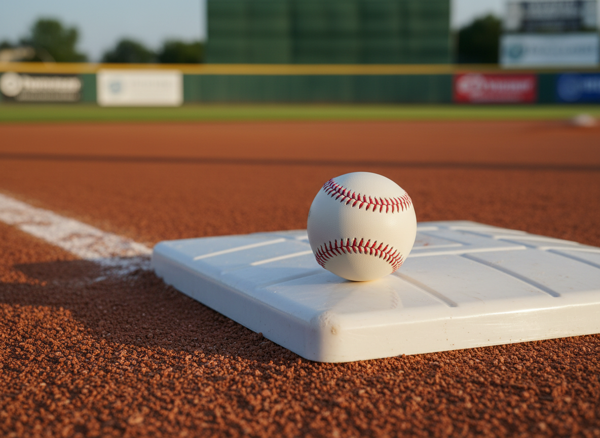 A brand-new, vibrant white baseball with prominent red stitching resting on the clean edge of a glossy home plate on a meticulously groomed infield. The rich brown dirt is perfectly raked, and bright white chalk lines lead the eye into the softly blurred outfield fence in the distance. Captured in photographic realism at a low, eye-level angle, the ball is sharply in focus with a shallow depth of field. Late afternoon natural light casts soft, directional shadows and subtle highlights on the ball’s textured leather. The atmosphere feels professional, focused, and aspirational, suggesting elite training and performance without any human figures present.