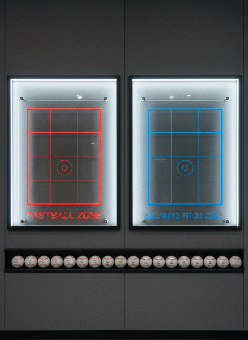 A side-by-side comparison setup of two transparent, wall-mounted pitching target zones: one outlined in red for fastballs and one outlined in blue for breaking pitches, each segmented into smaller strike-zone squares. The clear acrylic targets hang in front of a matte gray padded wall, with a row of white baseballs neatly lined up on a narrow black shelf below. Cool, even LED lighting creates a clean, clinical feel with minimal shadowing. Captured in photographic realism from eye level with symmetrical composition and sharp focus throughout, the scene feels analytical, data-driven, and highly professional, visually representing advanced pitching accuracy training without any people present.