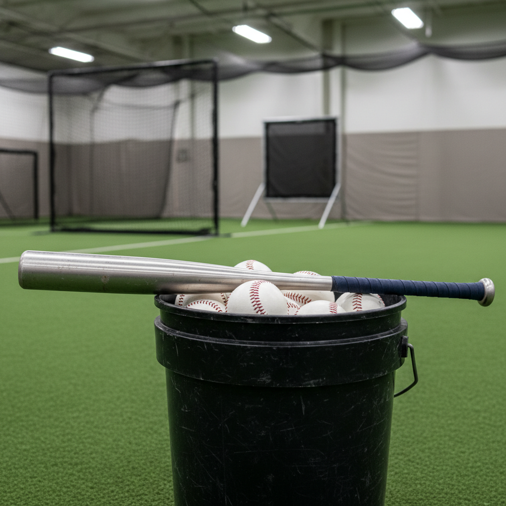 A gleaming aluminum baseball bat resting across a stack of regulation white baseballs inside a black, well-used ball bucket on smooth indoor turf. The bat’s barrel shows faint ball marks, and the textured grip is tightly wound in dark navy tape. Behind, a tall, square batting net and a freestanding L-screen are softly out of focus, suggesting a dedicated hitting tunnel. Neutral-colored padded walls frame the scene. Overhead indoor training lights create crisp, controlled highlights and gentle shadows, emphasizing textures on the leather balls and metal bat. Shot in photographic realism from a three-quarter angle with a shallow depth of field, the mood is serious, purposeful, and intensely training-focused.