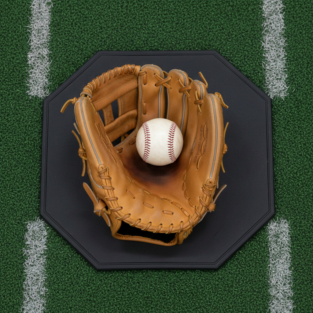 A detailed close-up of a tan leather catcher’s mitt spread open on a flat, dark rubber home plate, cradling a slightly scuffed baseball. The mitt’s laces, stitching, and worn-in creases are captured with high clarity, suggesting extensive bullpen use. The plate sits on deep green indoor turf, with faint white batter’s box lines visible around the edges. Soft, diffused overhead lighting reduces glare and highlights the textures of leather, rubber, and turf. Photographic realism at a top-down angle, with the composition centered and tightly framed, creates a focused, analytical mood, ideal for illustrating precise pitching locations and catcher targets in a professional training context.