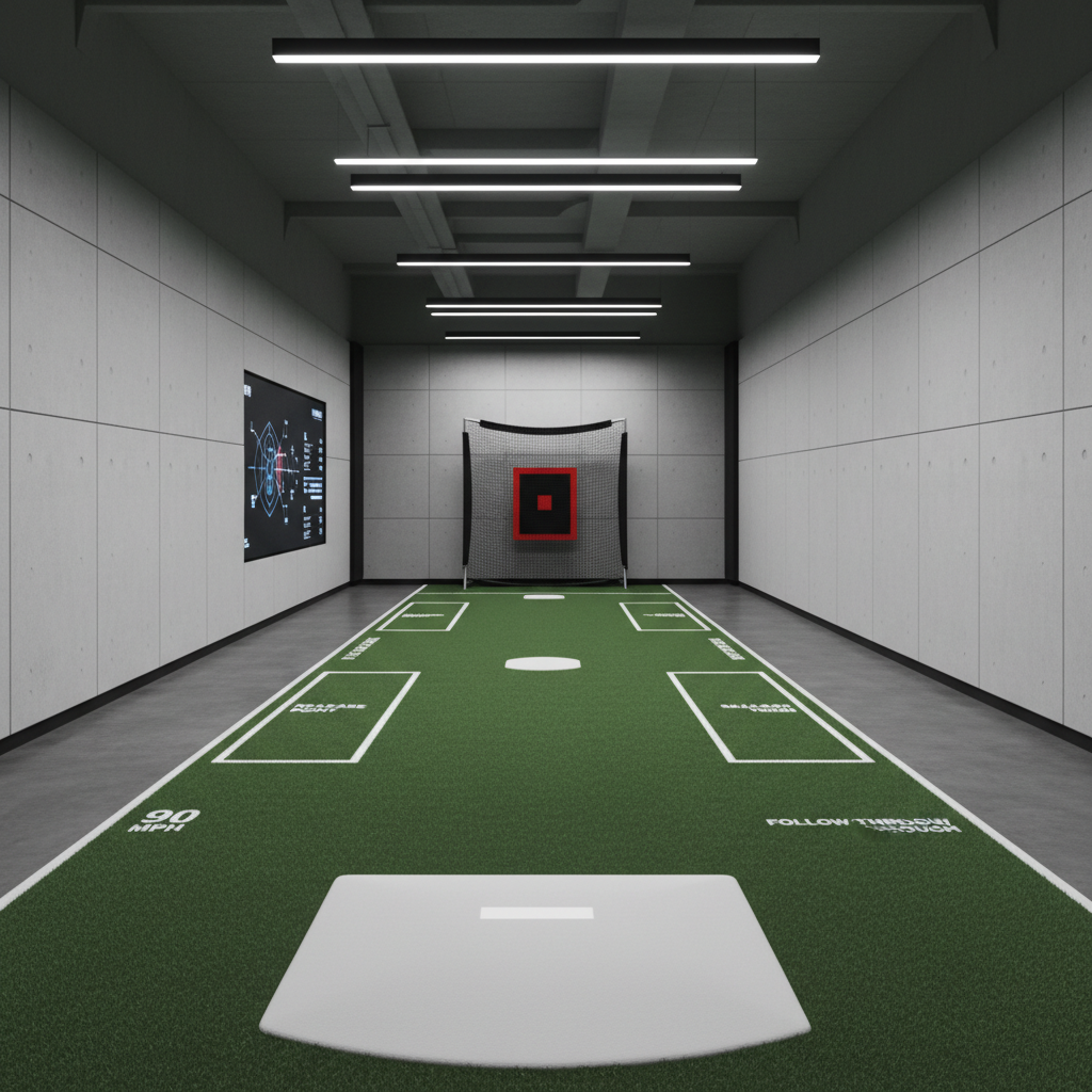A neatly arranged indoor baseball training lane featuring a pristine white rubber pitching mound, a regulation home plate, and a compact, high-quality black pitching net at the far end. Smooth artificial turf in rich green tones stretches between mound and plate, with contrasting white velocity and mechanics markers painted along the lane. Overhead LED strip lighting casts even, bright illumination, minimizing harsh shadows and emphasizing clean lines and details. Photographic realism from a slightly elevated perspective with a deep depth of field captures the entire training corridor. The mood is professional, disciplined, and high-tech, evoking a modern training facility dedicated to developing pitchers’ mechanics and control.